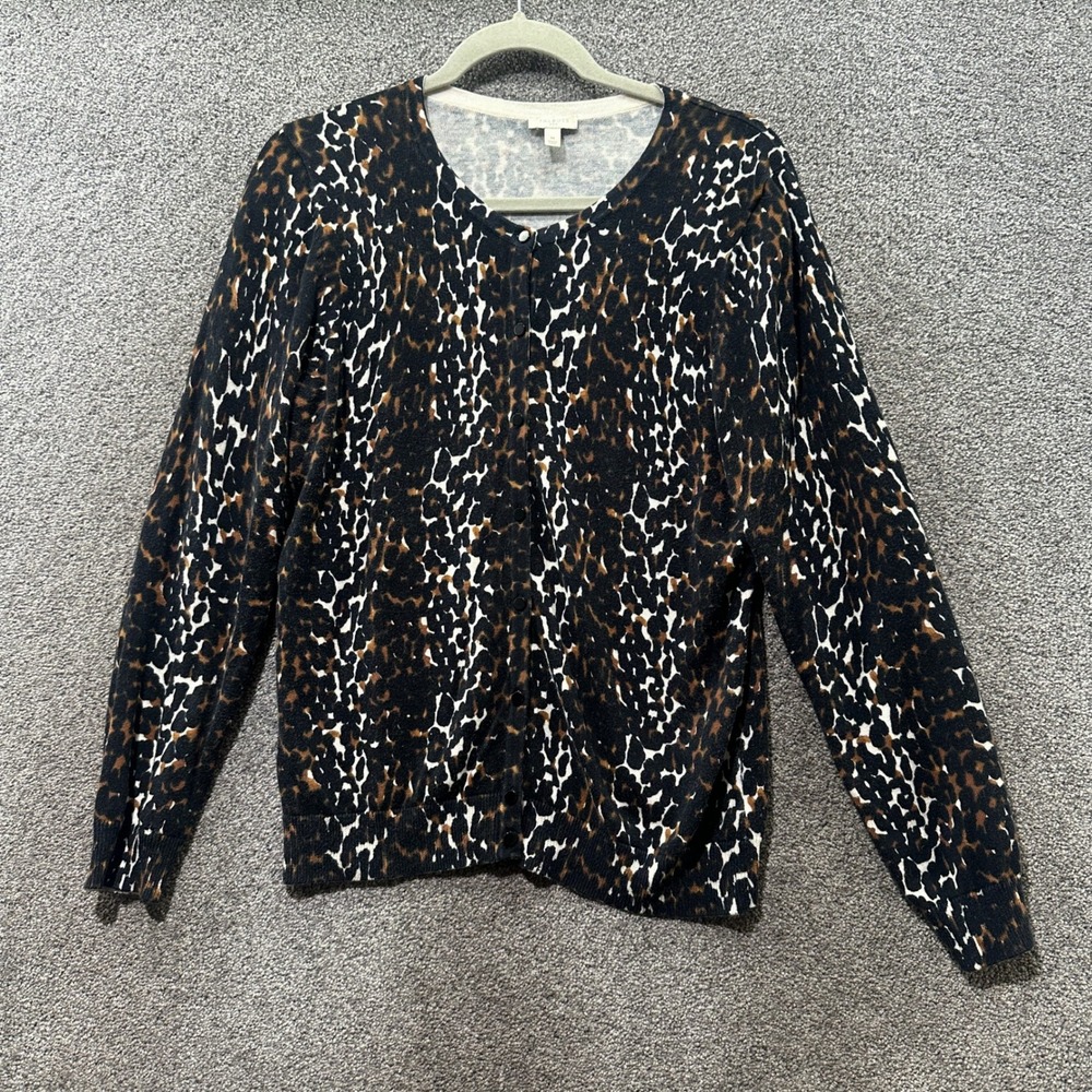 Talbots Cardigan Sweater Women Medium Leopard Print Brown Black Cotton Button Up